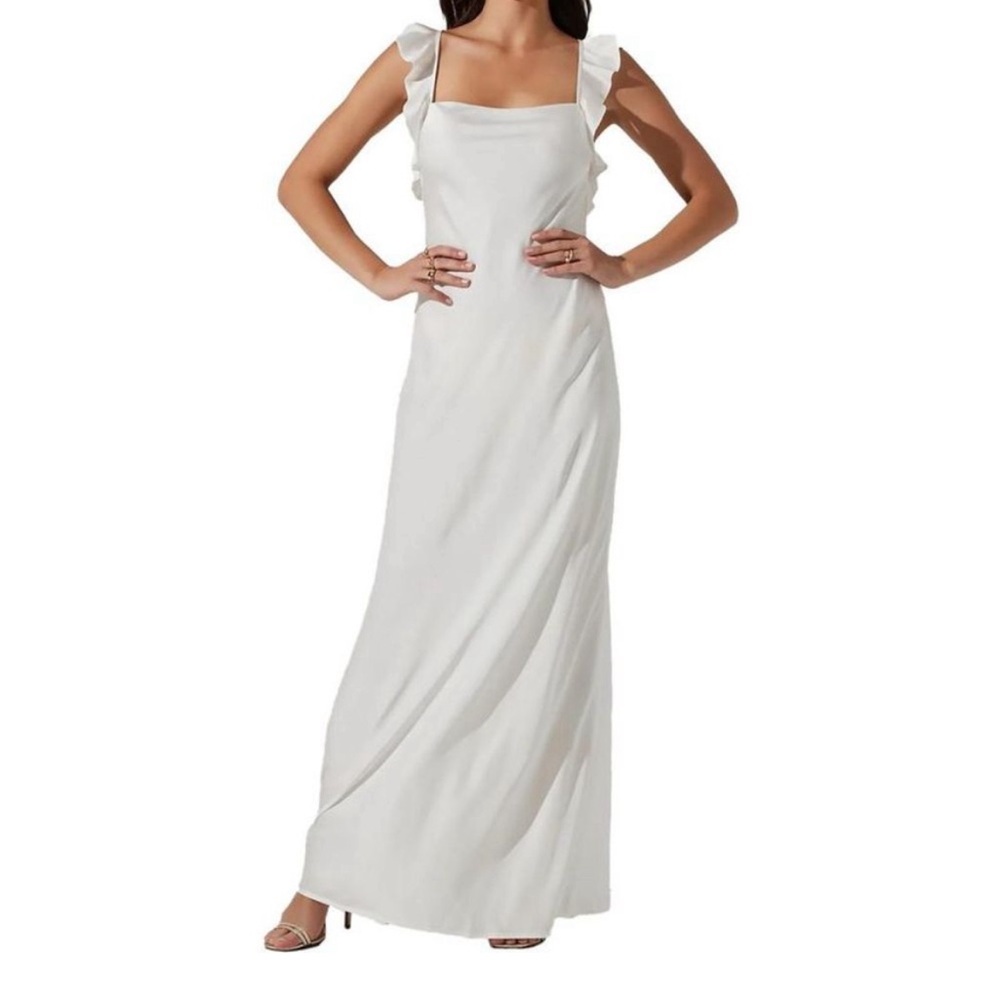 ASTR The Label Bryna Ruffle Satin Maxi White Dress